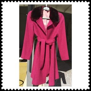 Trina Turk pink wool coat with Red Faux Fur Collar